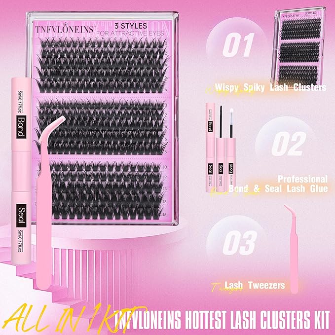 TNFVLONEINS Lash Clusters Kit Wispy Lash Extension Kit Spiky Eyelash Extension Kit Eyelash Clusters DIY Individual Lashes Kit Soft Cluster Eyelash Extensions (10-16MM,3 Styles)