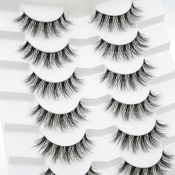 3D Clear Band False EyeLashes C/D Curl Soft Faux Mink Lashes Natural Look Cat Eye Fake lashes Short Russian Strip Lashes 7 Pairs-Happy Heartbeat(No.213)