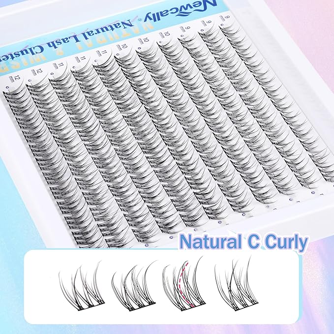 Natural Lash Clusters Kit DIY Lash Extension Kit Wispy Eyelash Extension Kit C-curly Individual Lashes Kit 9-12MM Short Eyelash Clusters with Lash Remover by Newcally