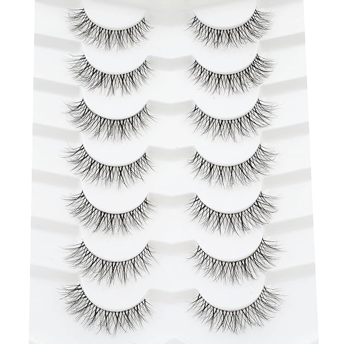 3D Clear Band False EyeLashes Natural Look Cat Eye Wispy Fake lashes Short Supernatural Cross Soft Reusable Lashes 7 Pairs-Happy Heartbeat(No.210)