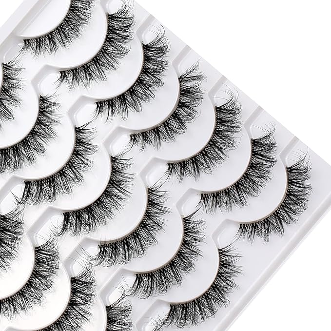 Pooplunch False Eyelashes Volume Wispy Cat Eye Lashes Natural Clear Band Fluttery Short Faux Mink Eye Lashes Fake Eyelash Strips 14 Pairs Pack