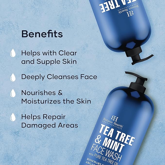 Botanic Hearth Tea Tree Face Wash With Mint | Acne Fighting, Premium, Hydrating Liquid Face Soap With Pure Tea Tree Oil | For Women And Men, Paraben Free, Fights Acne | 16 Fl Oz (Packaging May Vary)