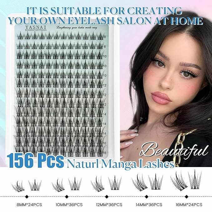 Lash Clusters Natural Look Wispy Manga C Curl Lash Extensions Fairy Eyelash Clusters 8-16MM 156pcs Eye Lashes Extension, Yasnai Individual Eyelash Clusters DIY at Home