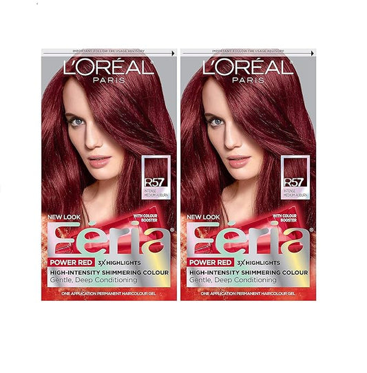 L'Oreal Paris Feria Multi-Faceted Shimmering Permanent Hair Color, R57 Intense Medium Auburn, Hair Dye Kit, Pack of 2