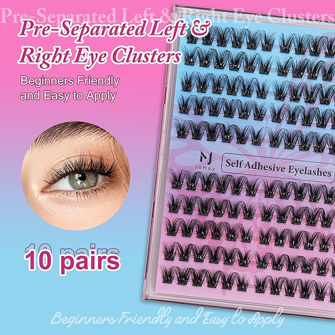JoMay Self-Adhesive Eyelashes, Press on Lashes No Glue Needed, Glueless Pre-Glued D Curl Cluster Lashes for Beginners, No Residue, Pre-Separated L/R Eye, 1-Step DIY, 120PCS (X10)