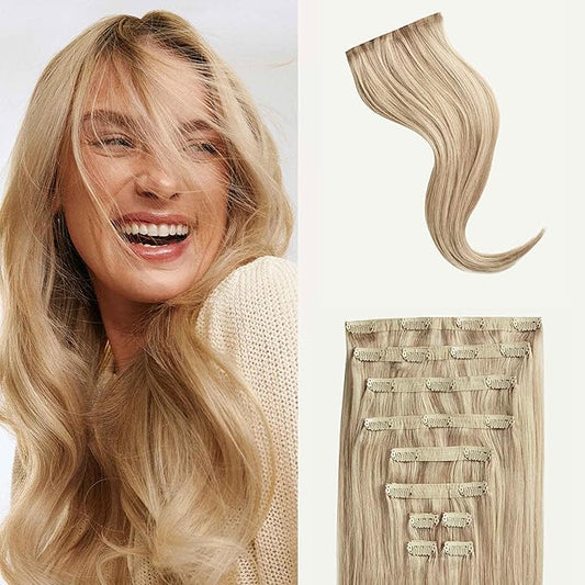 Luxy 100% Remy Human Hair, Classic 160g Clip-In Hair Extensions - 10 Wefts Multi-Dimensional Color for Natural Blending, Adds Volume & Length, Easy Apply & Remove 20" Dimensional Beige Blonde