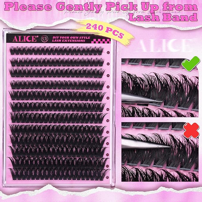 ALICE Lash Clusters with Spikes Thick Volume Cluster Eyelash Extensions Fluffier Eyelash Clusters Wispy Individual LashesThin Band Lash Extensions DIY at Home (240pcs/12-22mm/CC- Curly/100D)