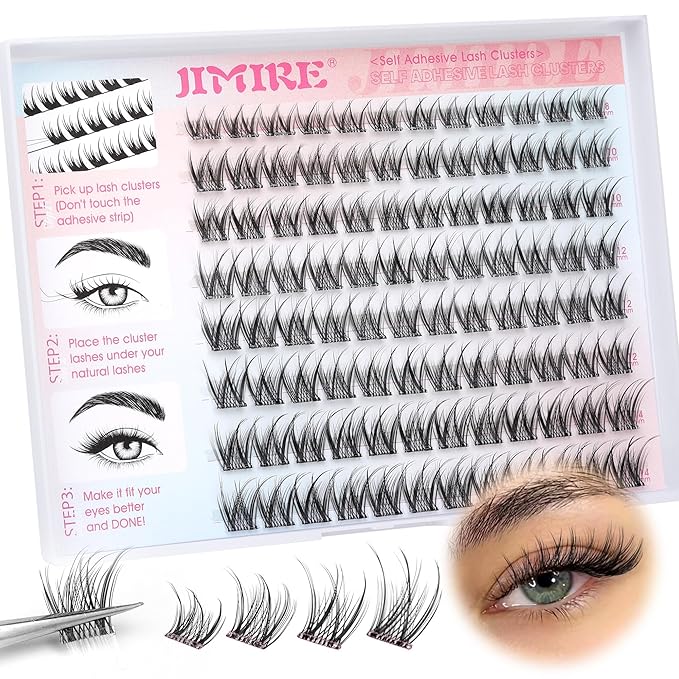 Self Adhesive Eyelashes Wispy Lash Clusters D-Curly Pre Glued Eyelashes Clusters 8-14MM Natural Press on Cluster Lashes Easy to Apply Self Adhesive Lash Clusters No Glue Needed by JIMIRE