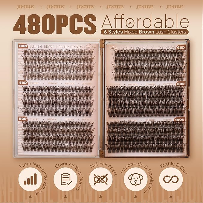 JIMIRE Brown Lash Clusters 6 Styles Mixed D Curly Eyelash Clusters Natural 476Pcs Fluff Cluster Eyelash Extensions Wispy Brown Cluster Lashes Extensions for Everyday Wear(30D+40D+50D+60D+80D+100D)