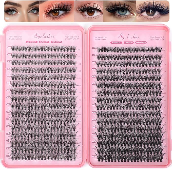 Lash Clusters Kit, 640 Pcs Eyelashes Clusters Extensions Kit 9-16mm Individual Lashes D Curl Fluffy Wispy False Eyelashes Thin Band(30D&40D)