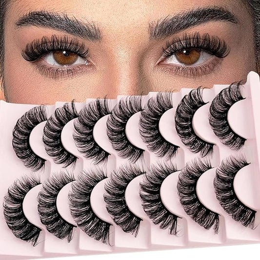 Mink Lash Fluffy Natural Look D Curl Eyelashes that Look Like Extensions Short Thick Lashes 7 Pair Wispy Cat Eye Strip False Volume Lash Pack 8-16mm Full Mega Double Stacked Eyelash Small Fake Lashes