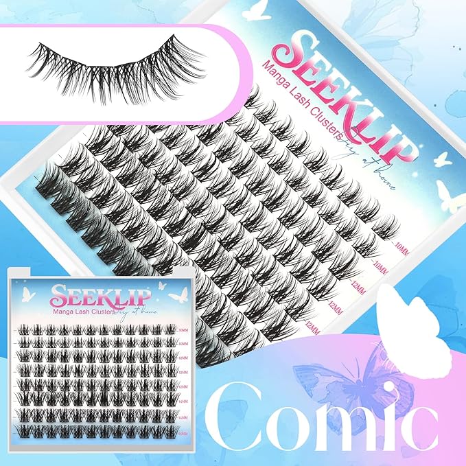 Manga Lash Clusters with Thin Band Spike Eyelash Clusters 10-14mm Mixed CC Curl Soft Lashes Cluster Fluffy Wispy Individual Lashes Cluster DIY Look Like Eyelash Extension (Comic)