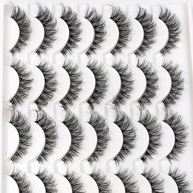 Pooplunch False Eyelashes Volume Wispy Cat Eye Lashes Natural Clear Band Fluttery Short Faux Mink Eye Lashes Fake Eyelash Strips 14 Pairs Pack