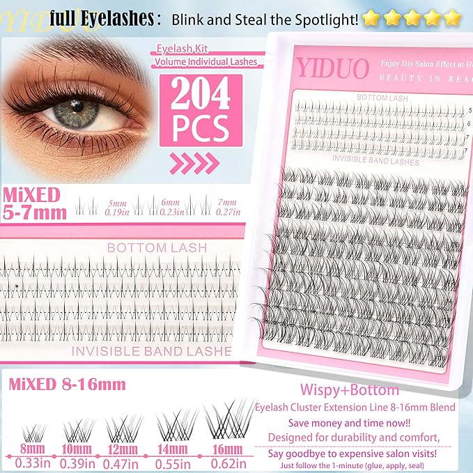 Fairy Manga lashes Clusters with Bottom Lashes Clusters Kit Gift Packs 604Pcs 5-16mm Soft Extension False Eyelash D Curl Wispy Natural Wet-Look Lashes Extensions Combo Pack with Glue Removers