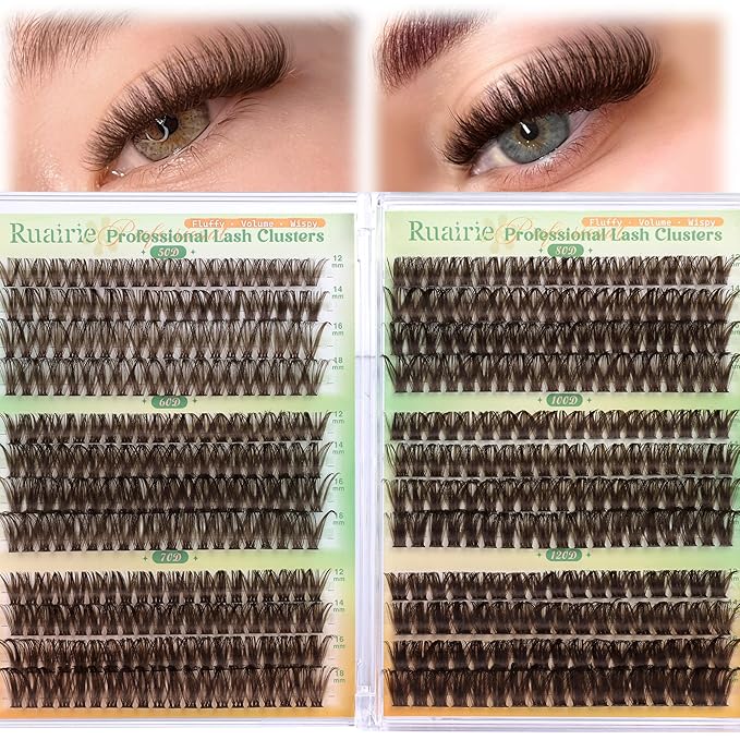 Ruairie Brown Lash Clusters Eyelash Extensions 464pcs Fluffy Volume Brown Eyelash Clusters 50D-120D D Curl Individual Lashes 12-18MM Thick Cluster Lashes Extension