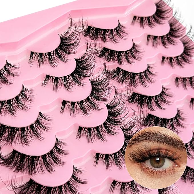 Yasnai Cat Eye Lashes False Eyelashes Volume 18mm Strip Lashes Wispy Fake Lashes Natural Eyelashes Clear Band 14 Pairs Pack 9D