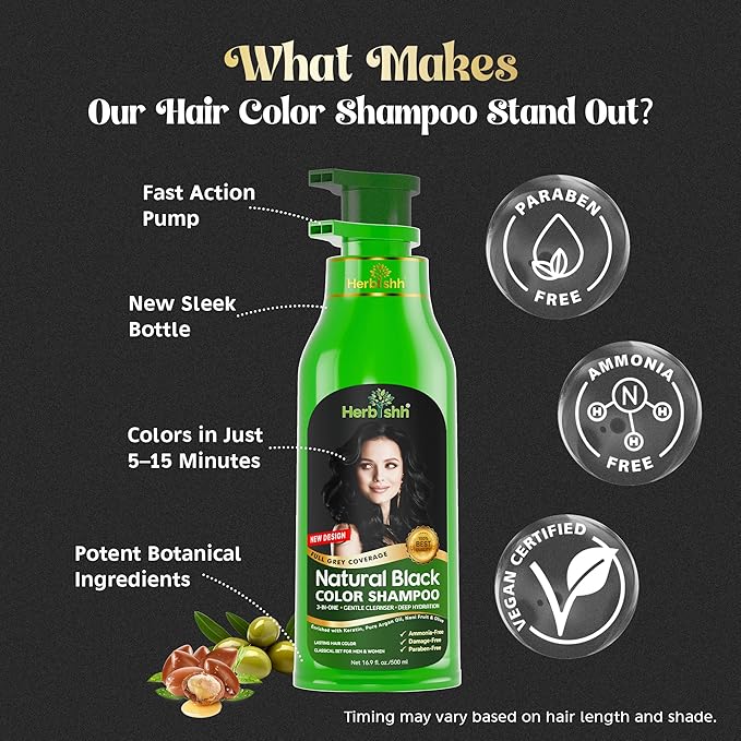 Herbishh Black Hair Color Shampoo - 3-In-1 Magic Dye for Gray Hair 500 Ml + Argan Oil for Dull, Dry Damaged Hair 30ML