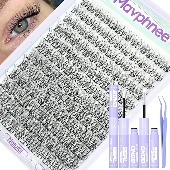 Mavphnee Natural Lash Clusters Kit C-Curly DIY Lash Extensions Kit 10-16MM Wispy Cluster Eyelash Extensions Kit Waterproof Lash Bond and Seal Kit 144PCS Your-Home-Lash-Salon Lash Kit