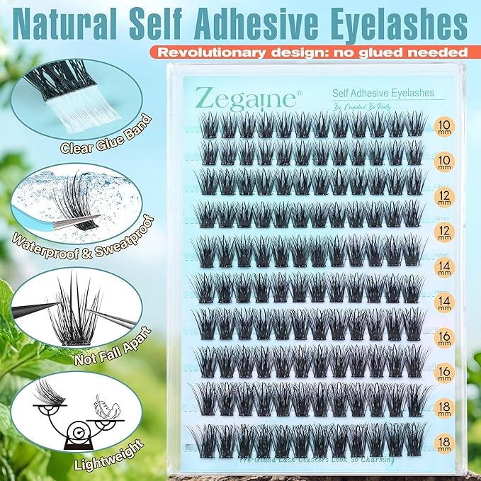 Wispy Self Adhesive Eyelashes Natural Self Adhesive Lash Clusters With Spikes D-Curly Pre Glued Lashes Reusable Glueless Lashes Salon-Level Cluster Eyelash Extensions 10-18MM by Zegaine
