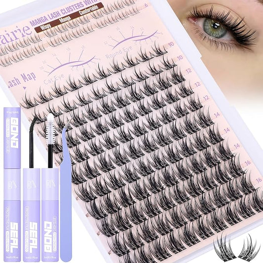 Natural Lash Clusters Kit Manga Lash Extension Kit Wispy Cluster Eyelash Extensions Anime Lashes Clusters 10-16mm DIY Eyelash Extension with Waterproof Bond,Seal and Tweezers by Ruairie
