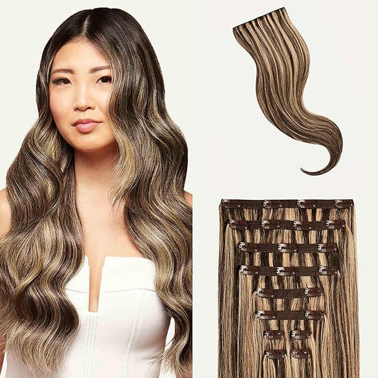 Luxy 100% Remy Human Hair, Classic 160g Clip-In Hair Extensions - 10 Wefts Multi-Dimensional Color for Natural Blending, Adds Volume & Length, Easy Apply & Remove 16" Mocha Brown Highlights