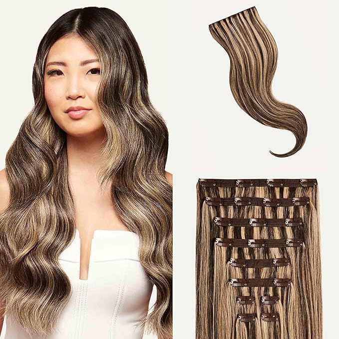 Luxy 100% Remy Human Hair, Classic 160g Clip-In Hair Extensions - 10 Wefts Multi-Dimensional Color for Natural Blending, Adds Volume & Length, Easy Apply & Remove 20" Mocha Brown Highlights