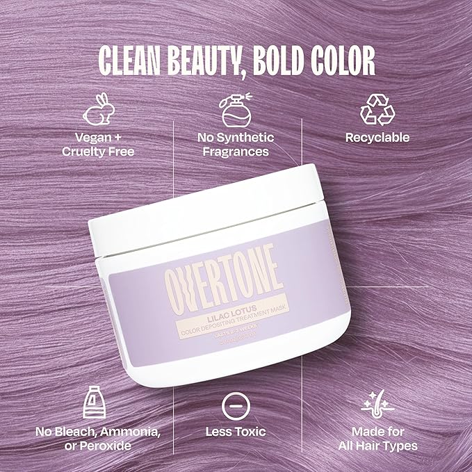 Overtone Semi Permanent Hair Color Conditioner, Lilac Lotus, 8 oz, Nourishing, Damage-Free, Color Depositing Mask for All Hair Types with Shea Butter & Coconut Oil, Vegan & Cruelty-Free