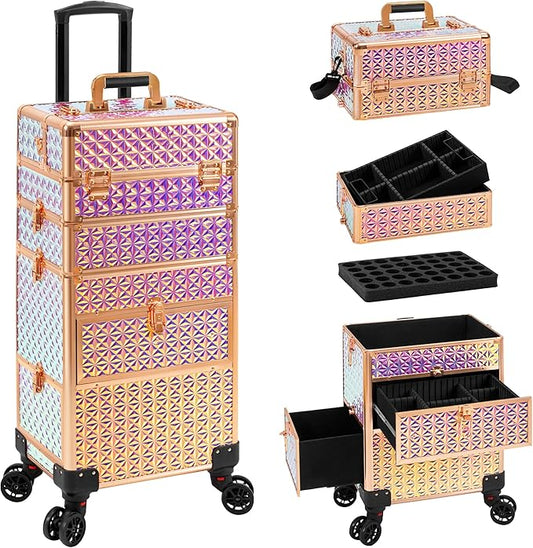 AROUS Rolling Makeup Train Case with 3 Drawers, Cosmetology Case on Wheels Nail Trolley Cart Salon Station Organizer Cases for Nail Tech, Face Painting,Hairstylist, Makeup Artist, Colorful