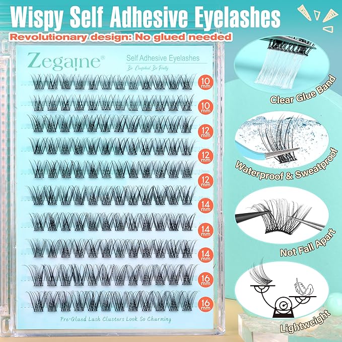 Zegaine Self Adhesive Eyelashes Natural Self Adhesive Lash Clusters Wispy Pre Glued Lashes Natural Look Cluster Eyelash Extensions C-Curly Glueless Lash Clusters Reusable No Glue Needed 10-16MM 120Pcs