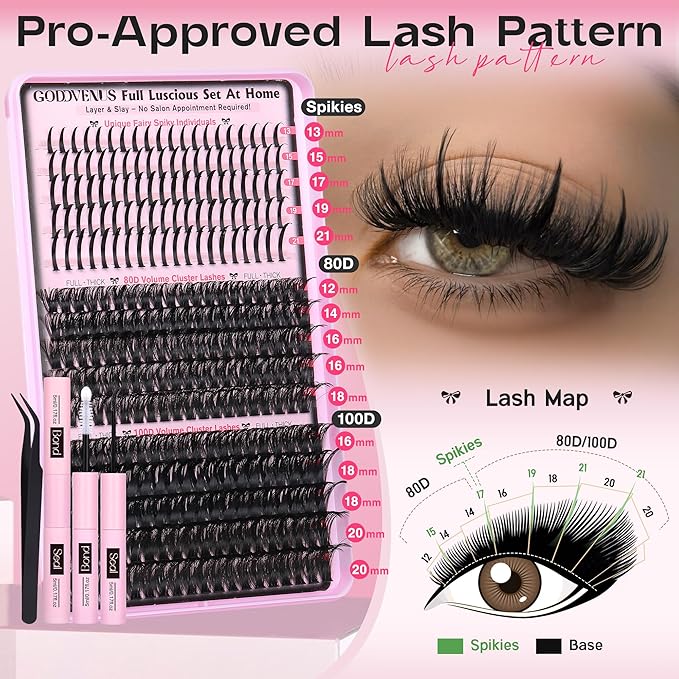 Lash Clusters Kit 13-21MM Lash Spikes Eyelash Clusters 80D 100D Thick Cluster Eyelash Extensions Kit Spiky DIY Lash Extensions Kit Individual Lashes Volume 295PCS