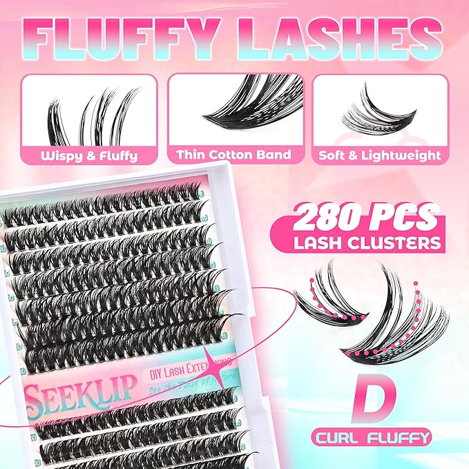 Lash Clusters Fluffy Eyelash Extensions 280Pcs 50D 60D Volume Individual Lashes DIY Lash Extensions D Curl Wispy Natural 8-16MM Mixed Clusters Lashes (50D+60D)