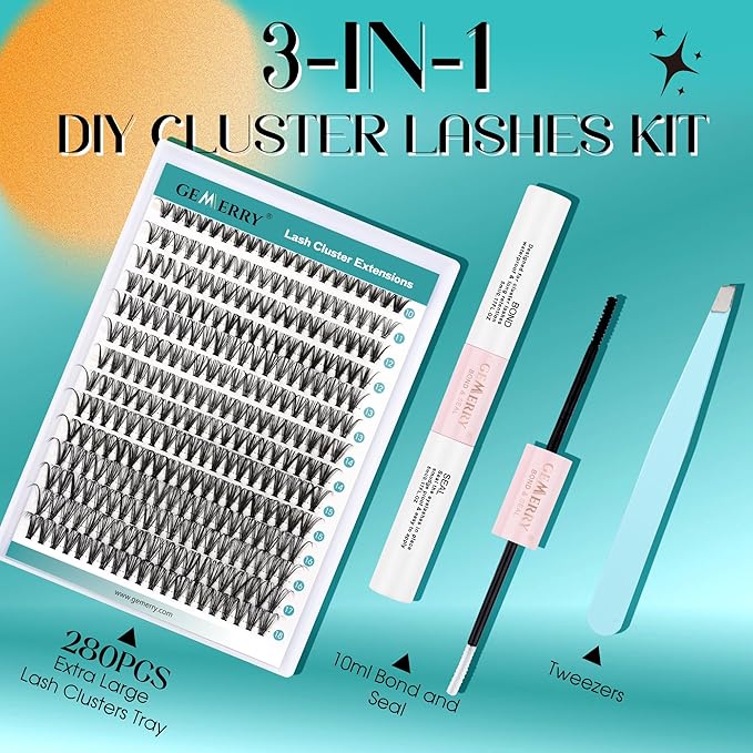 GEMERRY DIY Lash Extension Kit for Beginners 280 PCS Individual Lash Clusters Kit 0.07D 10-18 MIX Eyelash Extension Kit Lash Glue for Eyelash Extensions(200D-0.07D,10-18MIX-KIT)
