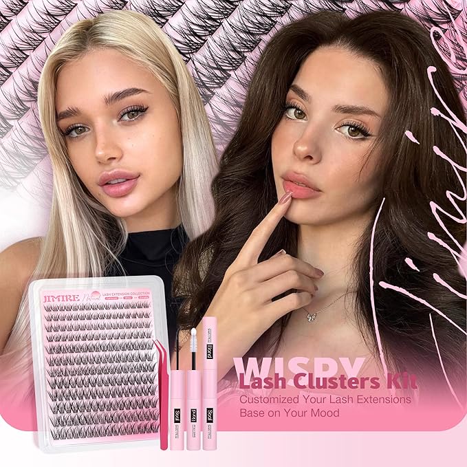 Wispy Lash Clusters Kit Natural Fairy Eyelash Clusters 8-16MM C Curly DIY Lash Extension Kit with Lash Bond and Seal and Tweezers Thin Band Fluffy Individual Lashes Clusters 192Pcs Pack by JIMIRE