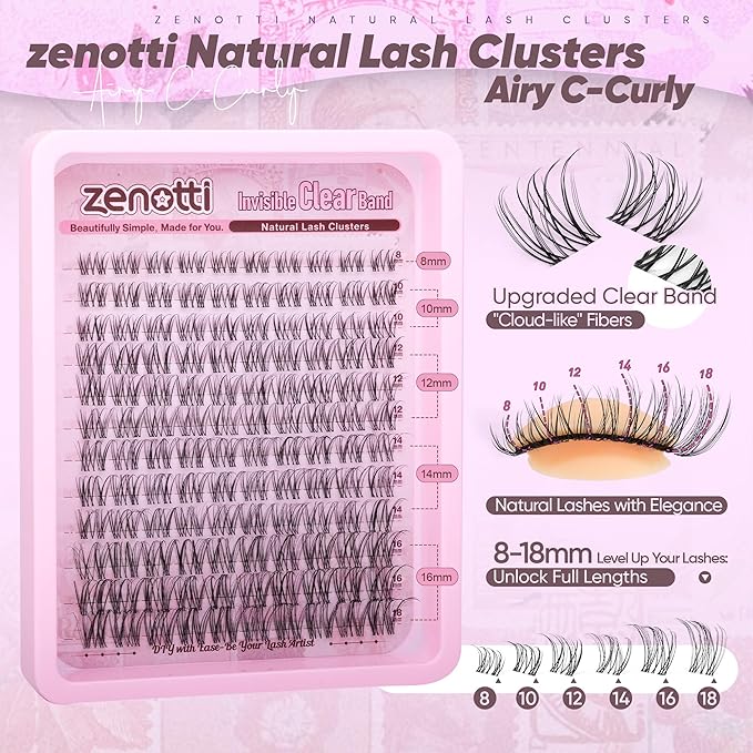 Natural Lash Clusters Venus Wispy Eyelash Clusters Natural Cluster Eyelash Extensions Invisible Band Lashes Cluster C-curly DIY Individual lashes Extension with Clear Lash Band 8-18mm by zenotti