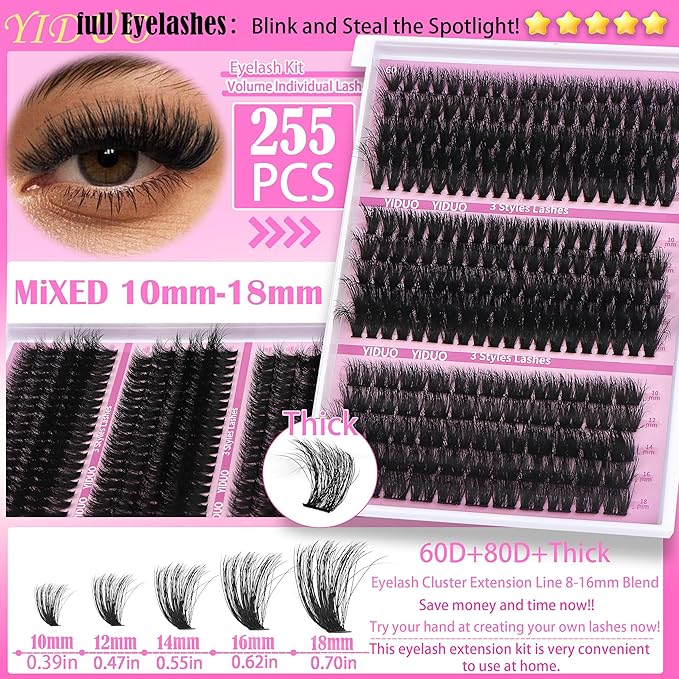 Lashes 7 style Mixed C-Curl False Eyelashes Extensions Clusters Lashes Kit Gift Packs 835Pcs with Bond&Seal Faux Mink Individual Lash Wholesale Pack DIY Individual Fake Eyelashes Box