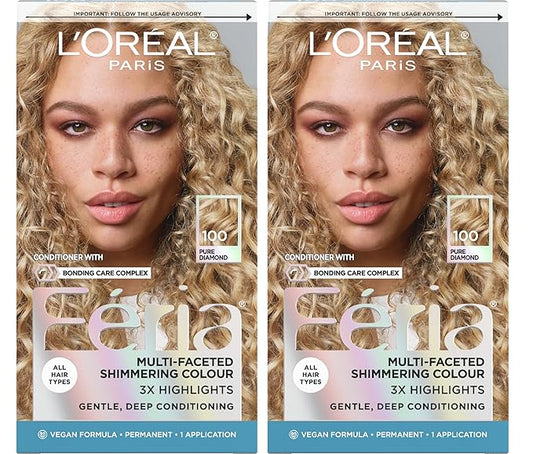 L'Oreal Paris Feria Multi-Faceted Shimmering Permanent Hair Color, 100 Pure Diamond, Hair Dye Kit, Pack of 2
