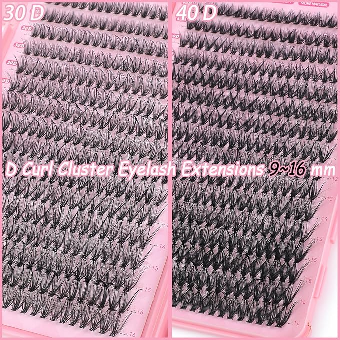 Lash Clusters Kit, 640 Pcs Eyelashes Clusters Extensions Kit 9-16mm Individual Lashes D Curl Fluffy Wispy False Eyelashes Thin Band(30D&40D)