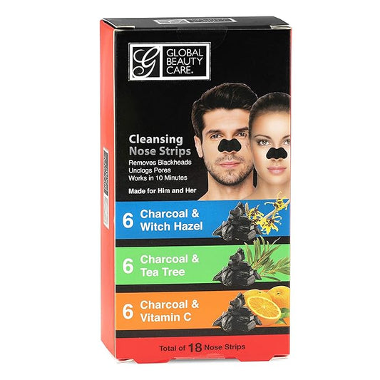 Global Beauty Care 18 Nose Cleansing Strips VARIETY PACK Charcoal with Tea Tree, Witch Hazel, & Vitamin C For Blackheads Removal Strips - 18 Ct