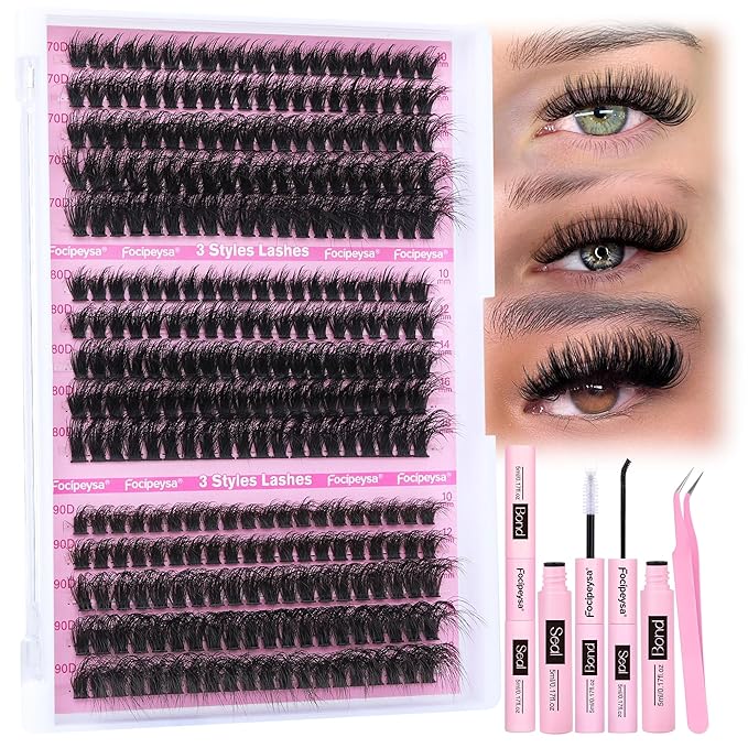 Focipeysa Full Volume Lash Extension Kit 70D 80D 90D Thick Lash Extension Kit 10-18mm Wispy Lash Clusters Individual Lashes Kit with Lash Bond and Seal for DIY Lash Extension at Home