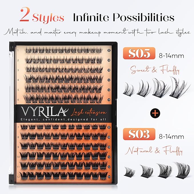 Lash Clusters-VYRILA 0.07mm Wispy Eyelashes C Curl Eyelash Clusters 8-14mix Individual Lashes Extension DIY at Home (S03+S05 138pcs-8-14mix)