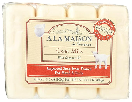 A LA MAISON Unscented Natural Goat Milk Bar Soap - Triple French Milled Unscented Natural Moisturizing Hand Soap Bar (4 Bars of Soap, 3.5 oz)