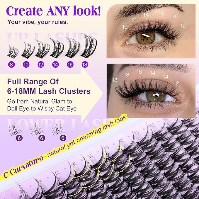 Flora Lash Clusters Kit Wispy Eyelash Extension Kit Natural Eyelash Clusters with Bottom Lashes 6-18mm Cluster Eyelash Extensions C Curly Individual Lashes Clusters Kit by calphdiar