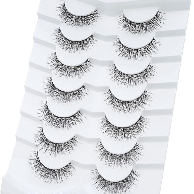3D Clear Band False EyeLashes Natural Look Cat Eye Wispy Fake lashes Short Supernatural Cross Soft Reusable Lashes 7 Pairs-Happy Heartbeat(No.201)