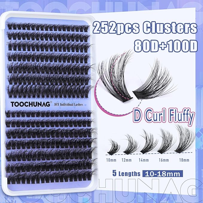 Fluff Lash Clusters 80D+100D Thick Cluster Eyelash Extensions 10-18mm DIY Flat Lash Extension D Curly Wispy Individual Lashes 252pcs False Mink Eyelashes Clusters by TOOCHUNAG