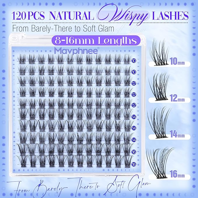 Mavphnee Lash Clutsers Natural Eyelashes Clusters 10-16MM Wispy Lashes Extensions C-Curly Cluster Eyelash Extensions for Clean Makeup Look 120Pcs DIY Cluster Lash Individuals Pack