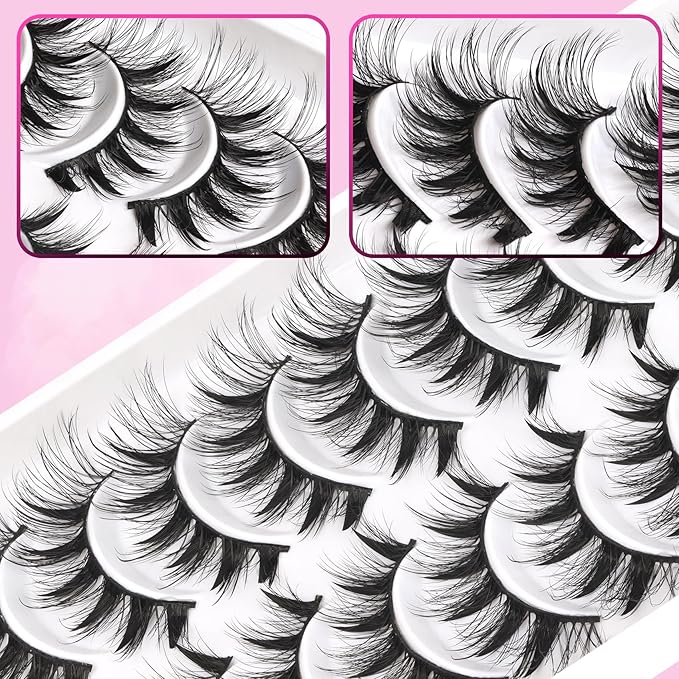 Veleasha Manga Lashes Wispy Eyelashes 7-15MM C Curl Cat Eye Lashes with Soft Black Cotton Band Anime Spiky Eyelashes Crisscross False Eyelash 10 Pairs Pack (Spiky04)