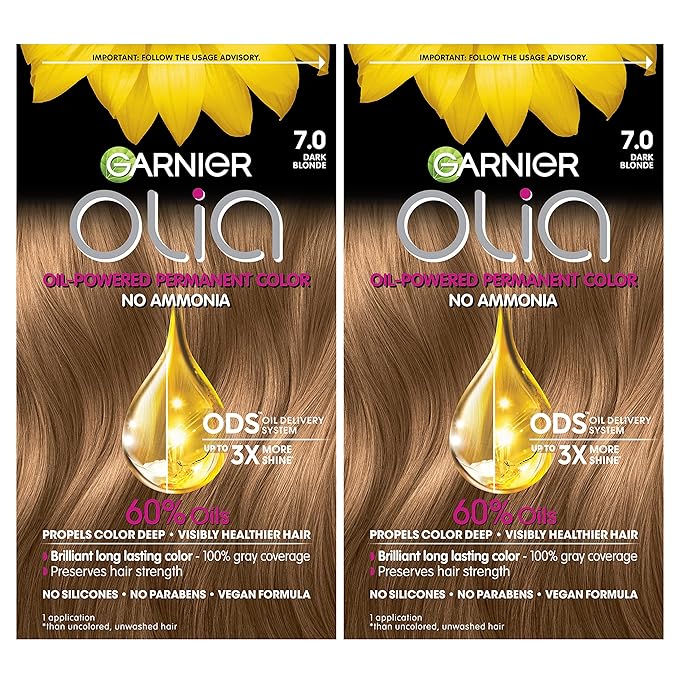 Garnier Hair Color Olia Ammonia-Free Brilliant Color Oil-Rich Permanent Hair Dye, 7.0 Dark Blonde, 2 Count (Packaging May Vary)