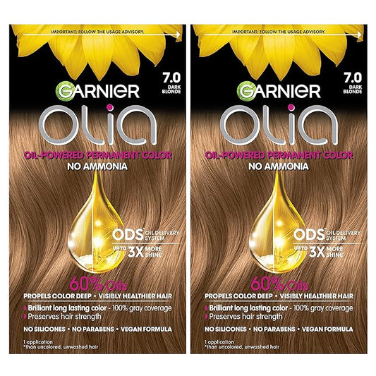 Garnier Hair Color Olia Ammonia-Free Brilliant Color Oil-Rich Permanent Hair Dye, 7.0 Dark Blonde, 2 Count (Packaging May Vary)