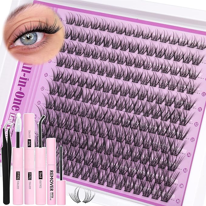 ALICE Natural Lash Clusters Kit Wispy Lash Extension Kit Cluster Eyelash Extension Kit C Curl 9-16mm Individual Lashes with Lash Glue Bond and Seal Lash Remover and Tweezers