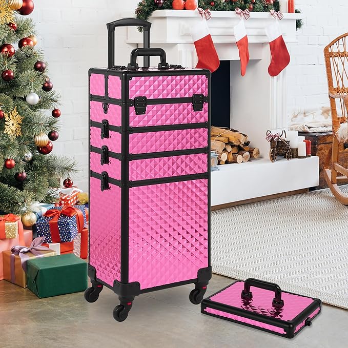 Rolling Makeup Case, Makeup Train Case with Lid, 5 in 1 Cosmetology Case on Wheels, Christmas Gift, Large Makeup Organizers, Profesional Cosmetic Case for Salon Barber, Rose Red
